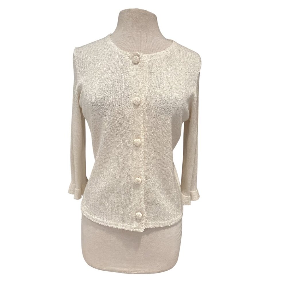 Vintage inspired Michael Simon Ivory Textured Knit Cardigan With 3/4 Sleeves & B